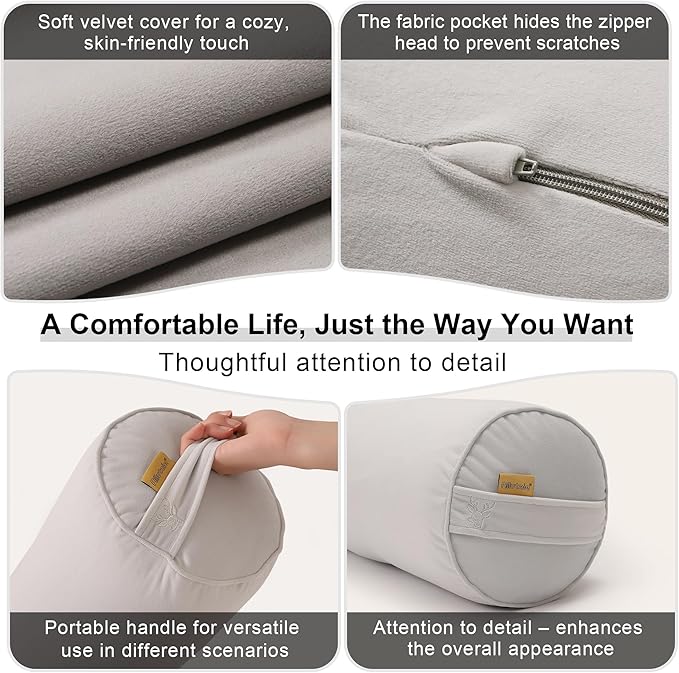 Long Pillow for Bed – Round Bolster Pillow for Adults, Body Pillow for Sleeping, Ergonomic Support,47.24x 7.87 Inches,Silver Gray