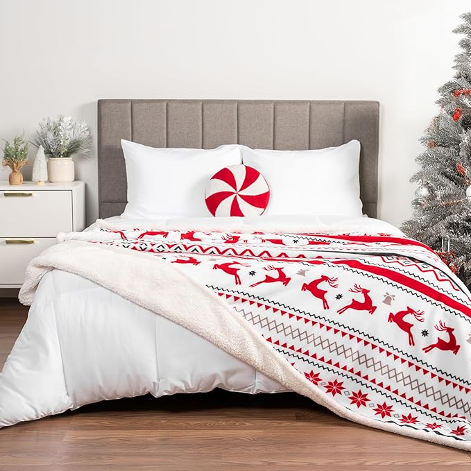 PAVILIA Red White Snowflake Reindeer Christmas Sherpa Throw Blanket, Soft Reversible Fleece Sherpa 60x80 Winter Blanket for Couch & Bed, Christmas Decor