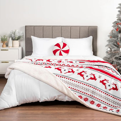 PAVILIA Red White Snowflake Reindeer Christmas Sherpa Throw Blanket, Soft Reversible Fleece Sherpa 60x80 Winter Blanket for Couch & Bed, Christmas Decor