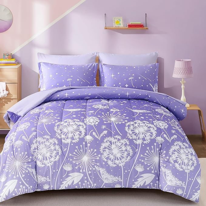 Menghomeus Girls Comforter Set Full Size 7 Pieces Bed in A Bag Ombre Purple Bedding Set Dandelion Butterfly Print Kids Bedding Collections