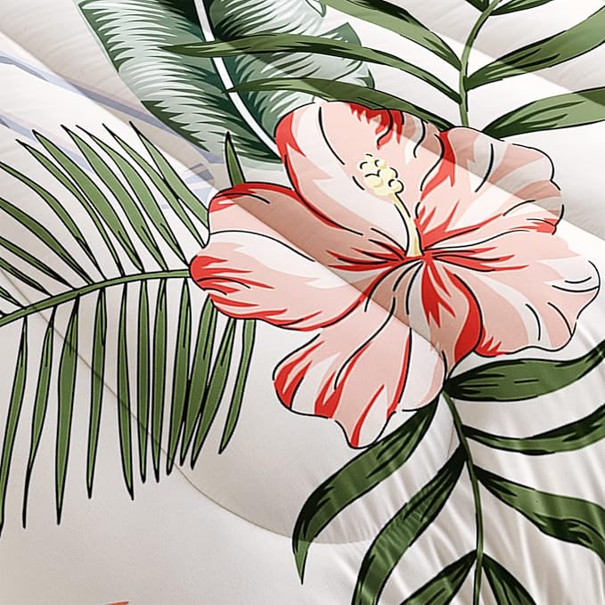 Flamingo Comforter Set Queen Size Tropical Flamingo Palm Tree Leaf Pattern Bedding Set Flower Quilted Duvet for Kids Girls Boys Adult with 1 Comforter and 2 Pillowcases