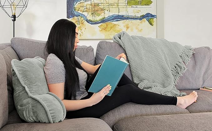 Super Soft Velvety Backrest Reading Bed Rest Pillow with Arms and Pockets 18" H for Sitting in Bed Couch Sofa, Back Support Wedge Cushion with Removable Cover, 20" x 18" x17", Light Grey