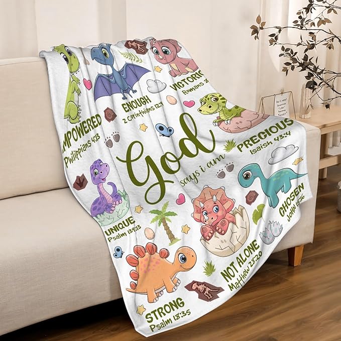 Dinosaur Blanket for Boys,God Says I Am Dinosaurs Throw Blanket,Dinosaur Gifts for Girls Baby,Meaningful Thoughtful Religious Baptism Christian Gifts,Bible Verse Quilt, 40"x50" for Kids