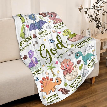 Dinosaur Blanket for Boys,God Says I Am Dinosaurs Throw Blanket,Dinosaur Gifts for Girls Baby,Meaningful Thoughtful Religious Baptism Christian Gifts,Bible Verse Quilt, 40"x50" for Kids