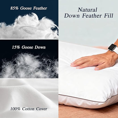 puredown® Made in USA Goose Feather Down Pillow, 100% Cotton Cover, Hotel Pillows King Size Set of 2, Luxury Feather Pillows for Back, Stomach or Side Sleepers