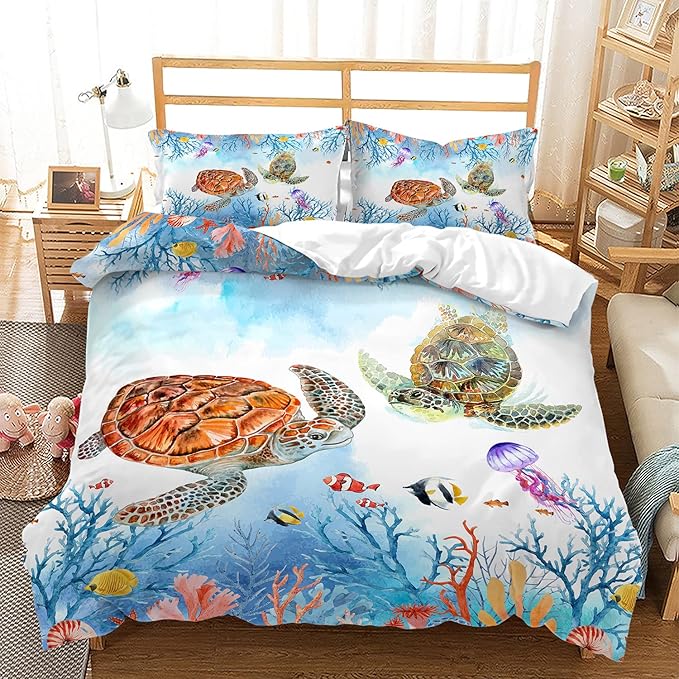 CVHOUSE Sea Turtle Duvet Cover Queen Size,Ocean Watercolor Bedding Set for Kids Teens,Beach Comforter Cover,1 2 Pillowcases 3 Piece Queen 89'x89'