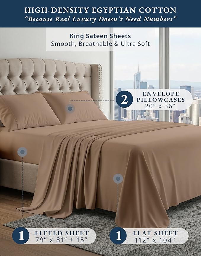 LANE LINEN 100% Egyptian Cotton King Sheet Set – Naturally Cooling & Breathable Sateen 4 Piece King Sheets, Authentic Long-Staple Cotton for Lasting Softness, Snug Fit 15" Deep Pocket Fitted - Taupe