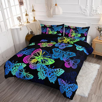 Axolotl Colorful Butterflies Bedding Set,Twin Size Kids Bed Set,Gradient Butterfly Comforter Set,1 Quilt with 2 Pillowcases for Boys Girls Kids Teens Children Adults Room Decor All Season,Black