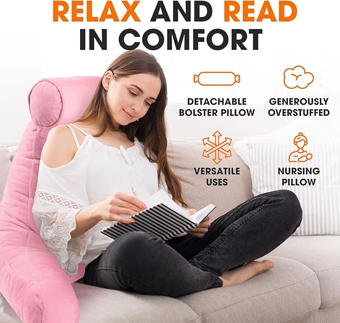 Cheer Collection Reading Pillow Chair - Chair Pillow with Arms and Detachable Neck Bolster for Bed & Couch - Machine Washable, Pink