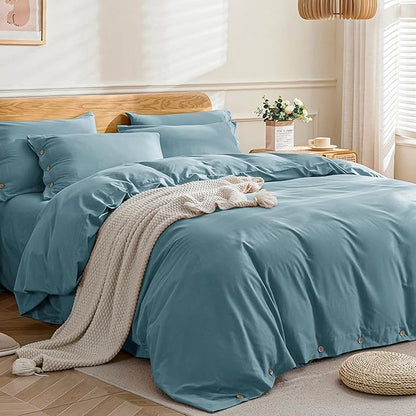 JELLYMONI Cotton Duvet Cover Twin Size - Grayish Blue Comforter Cover with Button 100% Washed Cotton 2PCS Breathable Soft Solid Bedding Set Duvet Cover 68×90in & 1 Pillowcase (NO Comforter)