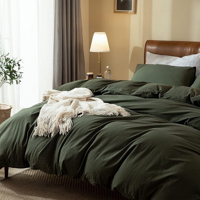 Dark Green Duvet Cover Queen, 100% Washed Cotton Linen Like Textured Solid Color Casual Modern Green Bedding Set, with Zipper Closure, Luxury Soft Relaxed Feel Natural Wrinkled Comfy (3pcs, Queen)