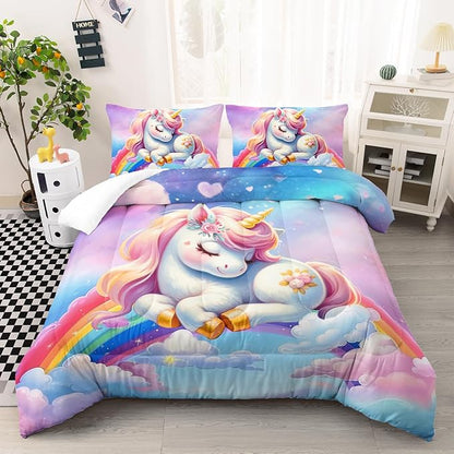 Unicorn Kids Bedding Set for Girls Full Size, Pink Unicorn Rainbow Comforter Set, Bedroom Decor with 2 Pillowcases for All Season