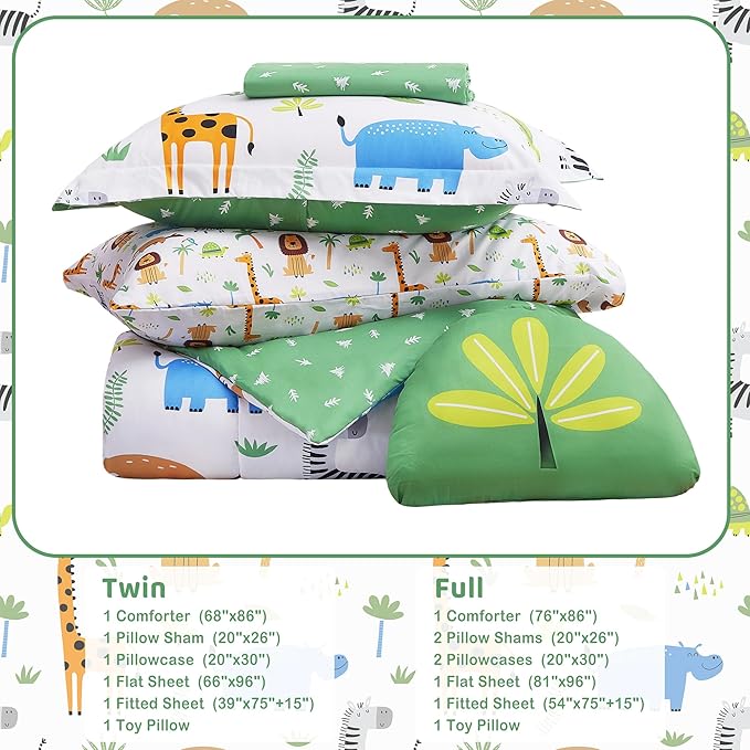 Mooreeke Kids Twin Comforter Sets for Boys Girls 6 Pieces Animal Bedding Set for Teens Microfiber Lion Elephant Kids Bed in A Bag with Comforter, Sheet Set, Shams and Decorative Toy Pillow All Season
