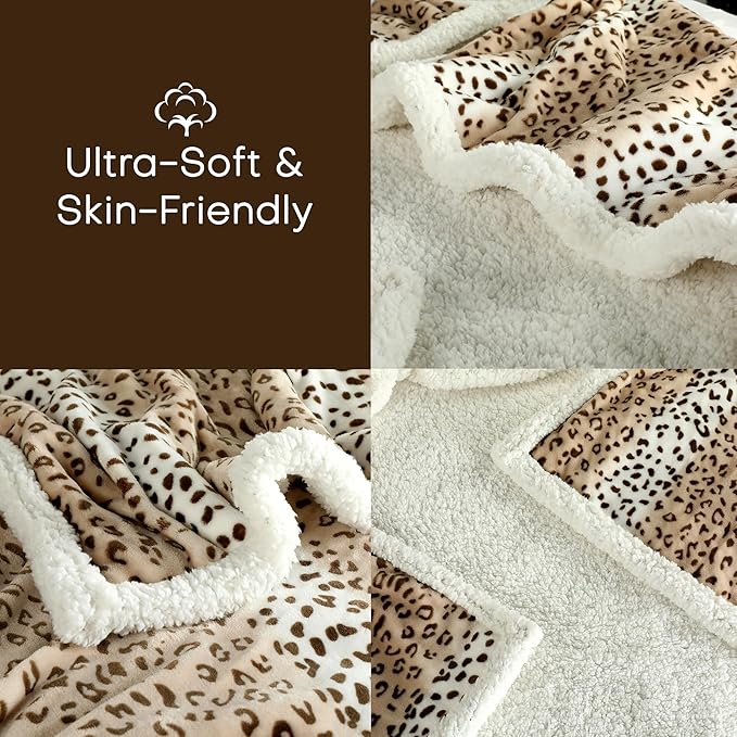 Electric Heated Blanket Full Size 72"x84" - Microplush & Sherpa Fabric Dual-Sided, 6 Heat Settings & 10 Hours Auto Off, Cozy Warming Throw for Office or Bed, Machine Washable, Beige Leopard Print