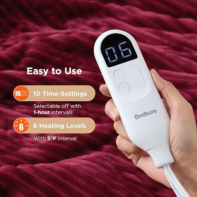 Bedsure GentleSoft Electric Blanket Twin - Soft Ribbed Flannel Heated Blanket, Heating with 10 Time Settings, 6 Heat Settings, and 8 hrs Timer Auto Shut Off, Gifts for Grandma (62x84 inches, Burgundy)