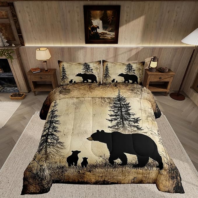 Feelyou Bear Bedding Set King Size Kids Rustic Cabin Country Comforter Cover for Boys Girls Teens Wild Animal Brown Beige Duvet Cover Breathable Soft Lightweight Microfiber Quilt Set