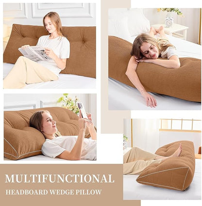 Sasttie Headboard Pillow Twin/Twin XL, Wedge Pillow Headboard for Dorm, Triangular Daybed Backrest Cushion for Sitting or Reading in Bed, with Removable Washable Cover, Caramel