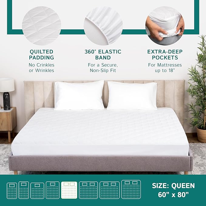 Queen Size Quilted Mattress Pad - Fitted Waterproof Mattress Protector, Pillow Top Mattress Topper, Premium Quality Hypoallergenic Mattress Cover