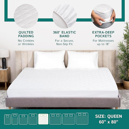 Queen Size Quilted Mattress Pad - Fitted Waterproof Mattress Protector, Pillow Top Mattress Topper, Premium Quality Hypoallergenic Mattress Cover