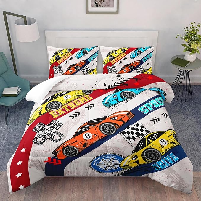 AILONEN Racing Car Comforter Set Full Size, Plaid Bedding Set for Kids Boys,Cool Speed Race Car Bed in a Bag 3 Pcs,1 Quilt and 2 Pillowcases,Soft Microfiber