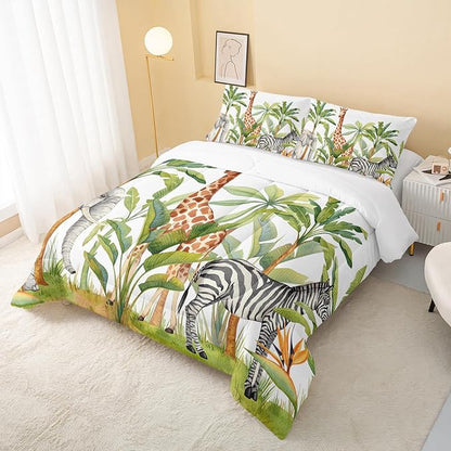 QOOMO Wild Animal Comforter Queen Size,Elephant Giraffe Zebra Kids Bedding Set,3Pcs Bedding Set Printed Comforter with 2 Pillowcases,Down Alternative,Soft and Lightweight,for All Seasons