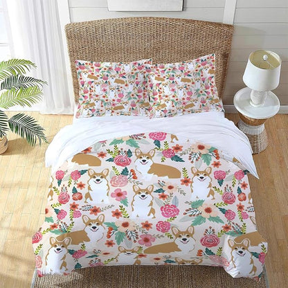 Corgi Dog Puppy Theme 3 Pieces Duvet Cover Comforter Set with 2 Pillowcase Twin Size Dog Print Bed Sheet Quilt Bedroom Bedding for Lover Kids