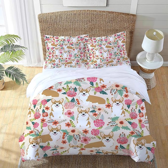 Corgi Dog Puppy Theme 3 Pieces Duvet Cover Comforter Set with 2 Pillowcase Full Size Dog Print Bed Sheet Quilt Bedroom Bedding for Lover Kids
