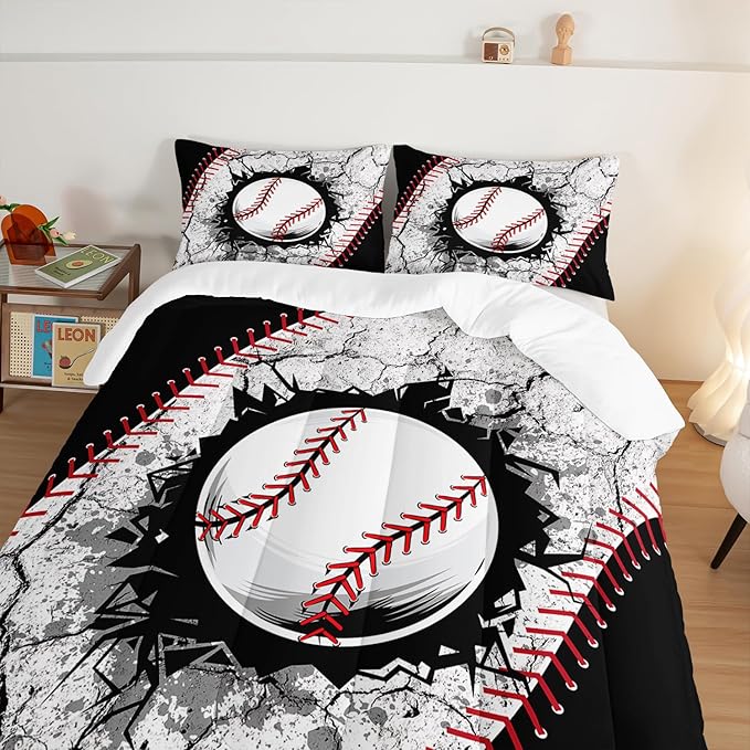 Baseball Comforter Sports Bedding Sets for Boys,Sports Gamer Bedding Set for Kids Girls Boys Room Decor,Black White Baseball Printed Twin Bed Comforter Set with 2 Pillowcases.