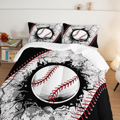Baseball Comforter Sports Bedding Sets for Boys,Sports Gamer Bedding Set for Kids Girls Boys Room Decor,Black White Baseball Printed Queen Bed Comforter Set with 2 Pillowcases.