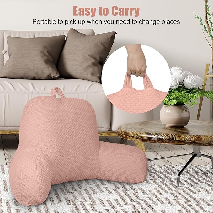 Reading Pillow, Silk Back Support Pillow for Bed Sitting Up, Large Bed Rest Pillow with Arms for Adults,Back Support Pillow for Couch and Chair, Pink
