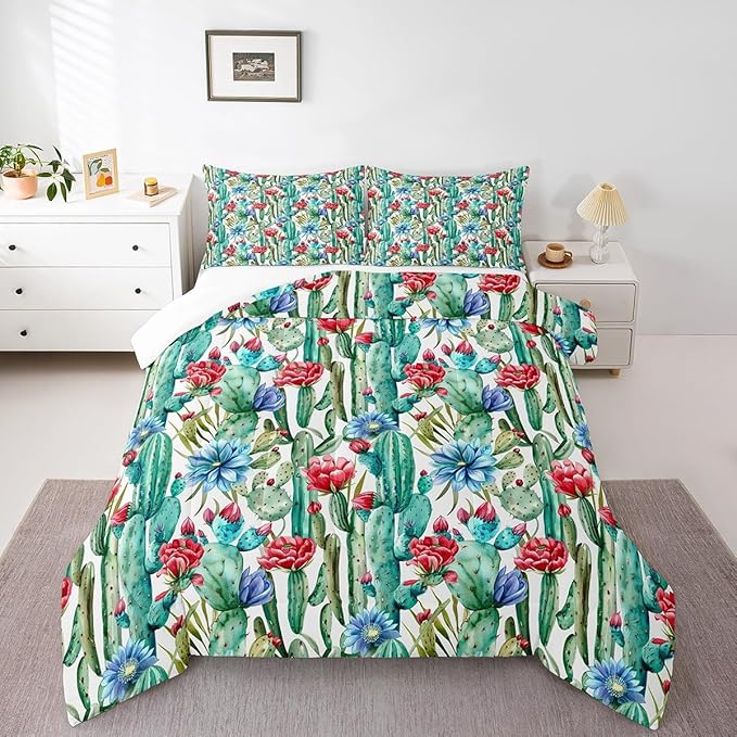 Cactus Flowers Comforter Set Full Size for Kids Desert Green Botanical Bedding Sets All Season Bohemia Exotic Rustic Quilt Set Bedroom Decor Western Farmhosue Down Comforter,3Pcs