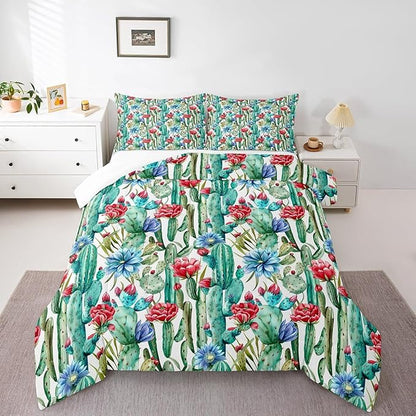 Cactus Flowers Comforter Set Full Size for Kids Desert Green Botanical Bedding Sets All Season Bohemia Exotic Rustic Quilt Set Bedroom Decor Western Farmhosue Down Comforter,3Pcs