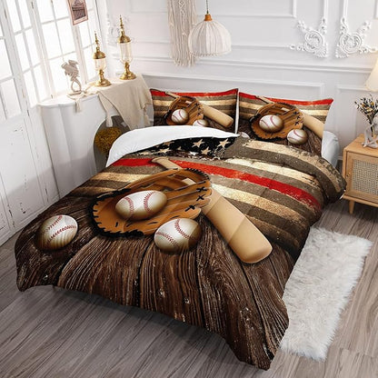 HOSIMA American Flag Baseball Bedding Set,Brown Sports Theme Baseball Comforter Set for Teens Boys,Stars and Stripes Print Softball Bedding for Boys Room Decor with 2 Pillowcases.