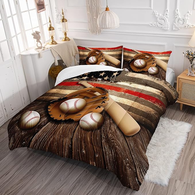 HOSIMA American Flag Baseball Bedding Set, Brown Sports Theme Baseball Comforter Set,Stars and Stripes Softball Quilt Set with 2 Pillowcases for Boys Room Decor,Full Size Comforter Sets for Teens.