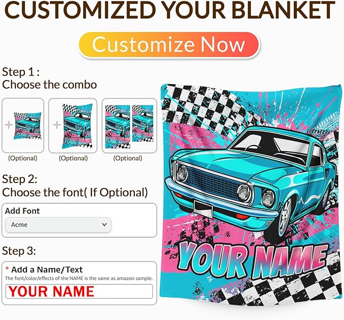 Personalized Blanket for Boys, Car Throw Blanket Gifts for Kids Boys Age 10-12, 50"x60" Cool Custom Flannel Blankets Gift for Son Cars Lovers Lightweight Throws for Couch Sofa Bed Decor