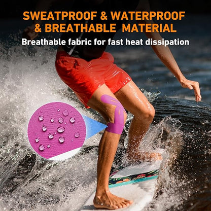 PreCut Kinesiology Tape for Knees, 12 PCS Waterproof KTQUICK Knee Tape for Knee Pain Relief Pre Cut, Original Cotton Athletic Knee Tape, Waterproof & Hypoallergenic Latex-Free for Sports (Pink)