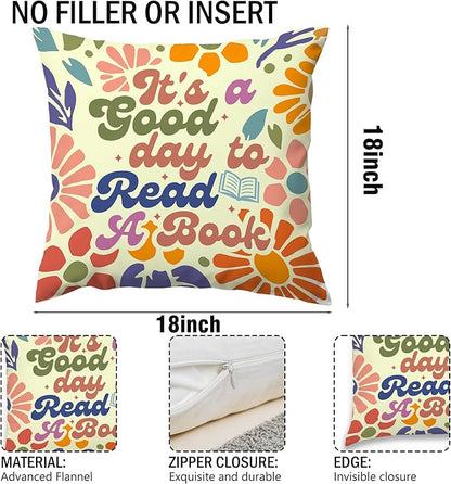 It's A Good Day to Read A Book Classroom Decorative Throw Pillow Covers, Floral Reading Pillows Covers for Kids, Flower Retro Pillow Cases Decor for Library Reading Nook Corner Couch 18x18in