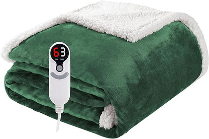 Electric Heated Blanket Throw Size 50"x60", Soft Flannel with Overheat Protection, 6 Adjustable Heat Settings & 3-Hour Auto-Off Timer, Fast Heating for Winter Comfort, Dark Green