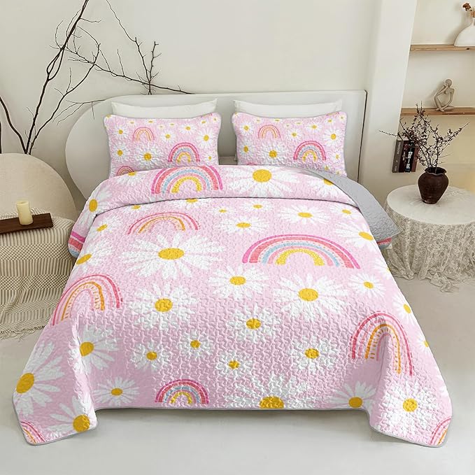 QOOMO Rainbow Quilt Set Twin Size,Daisy Bedspread Coverlet Set,Pink 3Pcs Bedding Set Printed Quilt with 2 Pillowcases,Soft and Lightweight,for All Seasons