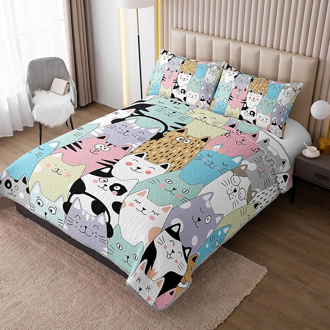 HOSIMA Cute Cat Queen Quilt Set for Teenage Girl Room Decor,Cartoon Colorful Pet Print Cat Quilt,Kawaii Bedding for Kids,Lightweight Aesthetic Animal Bedding with 2 Pillowcases.