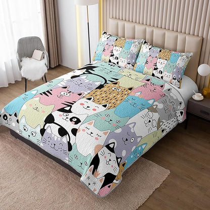 HOSIMA Cute Cat Twin Size Quilt Set for Teenage Girl Room Decor,Cartoon Colorful Pet Print Cat Quilt,Kawaii Bedding for Kids,Lightweight Aesthetic Animal Bedding with 2 Pillowcases.