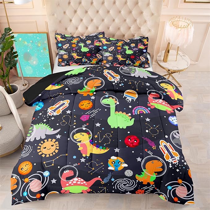 Boys Dinosaur Comforter Set Queen Size, 3Pcs Black Cartoon Dinosaur Bedding Set for Girls Kids Adults Bedroom Decor, Boys Comforter Set for All Season, Lightweight, 1 Quilt with 2 Pillowcases