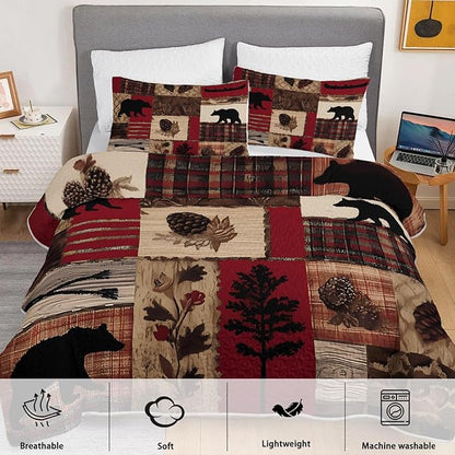 Rustic Black Bear Quilt Bedding Queen 3Pcs Natural Forest Wild Hunt Animal Bear Nut Bed Set Retro Flower Grid Pattern Bedspread Coverlet with 2 Pillowcases for Kid Boy Girl Teen Adult Bed Decor