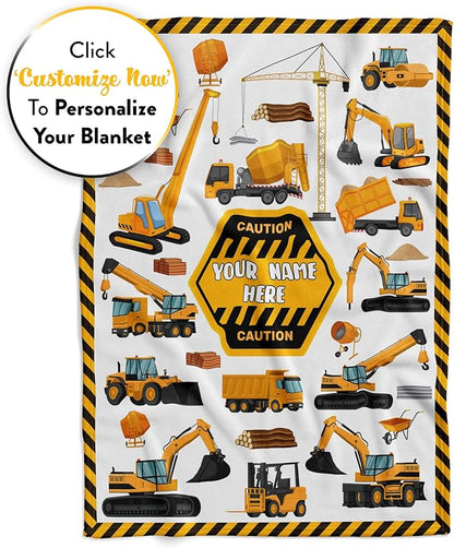Personalized Truck Blanket - Made in USA and Shipped Next Day - Soft Fleece Construction Excavator Design for Kids & Adults, Toddler Bed or Sofa Throw (50x60 Sherpa)