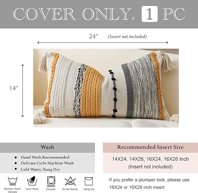BlissBlush Decorative Lumbar Throw Pillow Cover 14x24 Boho Yellow Mustard Accent Cushion for Couch Sofa Farmhouse Pillowcase for Bedroom Living Room Home Décor Cover ONLY