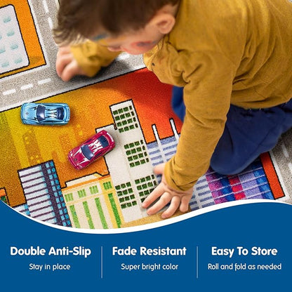 Booooom Jackson Kids Carpet Playmat with 12 Toy Cars for Age 3+ Colorful Non Slip City Rug for Kids Track Play Mat Playroom Bedroom Classroom Nursery