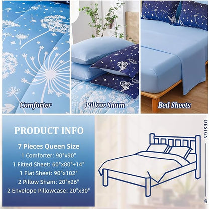 Menghomeus Queen Size Comforter Set for Boys Girls 7 Pieces Bed in A Bag Ombre Blue Rainbow Bedding Set Dandelion Butterfly Print Kids Teen Bedding Collections