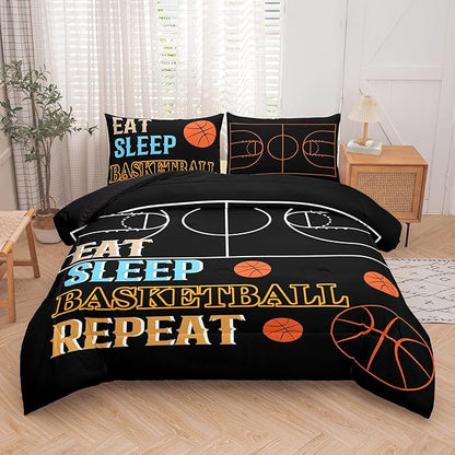 Peopleareok Basketball Boys Comforter Set Queen(90x90 Inch), 3D Printed Black Basketball Comforter, 3 Pieces Sports Comforter Set for Boys Kids Teens with 2 Pillowcases