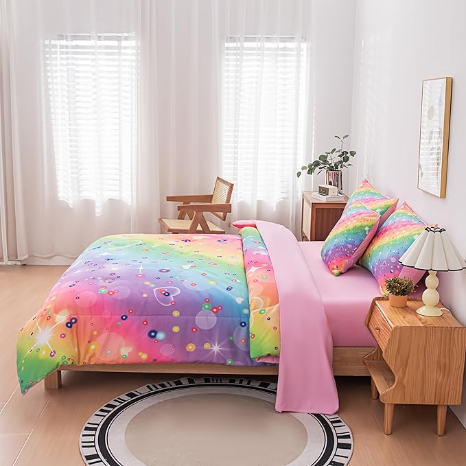 MWMWMW 6 Pcs Rainbow Galaxy Comforter Set Full, Girls Bedding Sets Full, Kids Bedding Sets for Girls with 1 Comforter, 1 Flat Sheet, 1 Fitted Sheet, 1 Pillow Cover, 2 Pillowcases