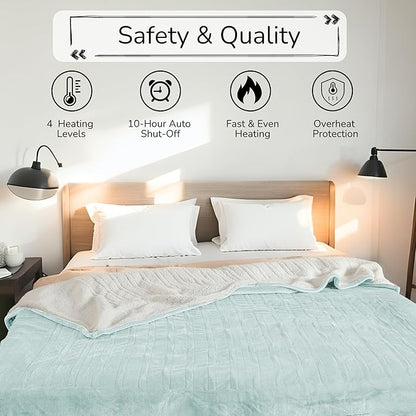 Electric Heated Blanket King Size 90"x100" - Dual-Sided with Microplush & Sherpa Fabric, 4 Heat Settings & 10 Hours Auto Off, Dual Controller, Machine Washable - Light Green